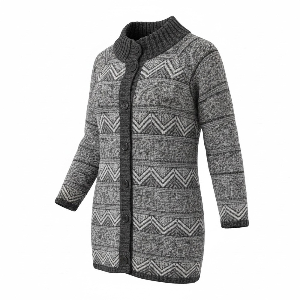 Maryline Longline Cardigan Womens Medium‎ Grey White Chevron Wool Blend Italy